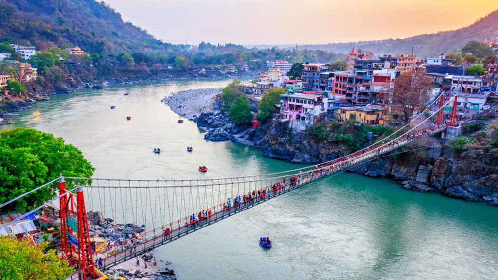 Laxman Jhula suspension bridge over Ganges River in Rishikesh