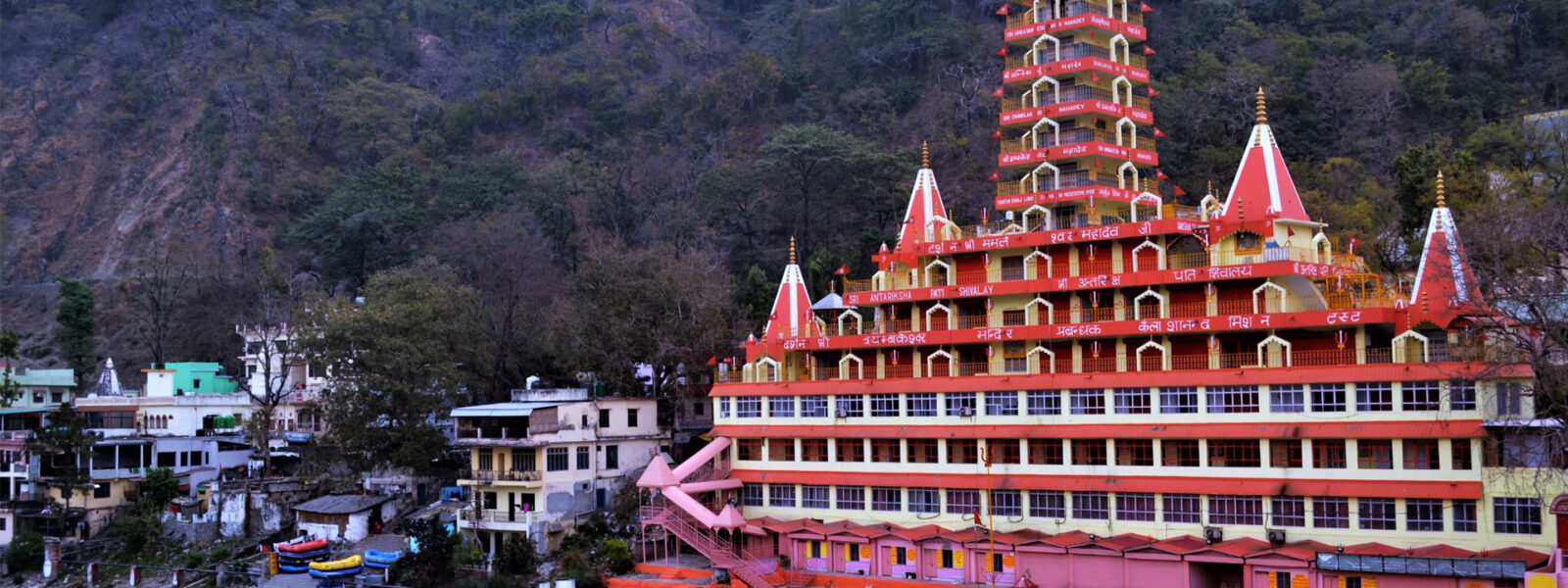 Tera Manzil Temple overlooking Ganges River in Rishikesh